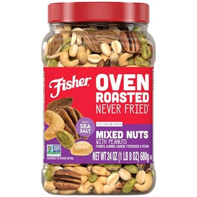 Fisher Oven Roasted Never Fried Mixed Nuts with Peanuts, 24 Ounces (Pack of 1), Peanuts, Almonds, Cashews, Pistachios, Pecans, Trail Mix, Healthy Snacks for Adults, Made With Sea Salt, No Added Oils
