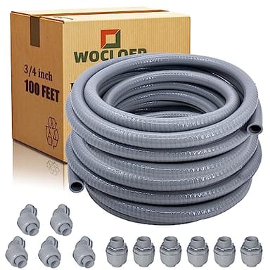 Wocloer 3/4 inch 100Ft Liquid-Tight Conduit Kit, Flexible Non Metallic Electrical Conduit, with 6 Straight and 5 Angle Fittings Included. 3/4" Dia