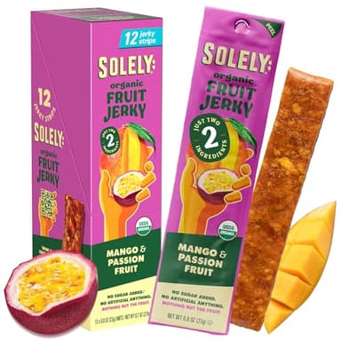 SOLELY - Organic Mango Passion Fruit Jerky - 12 Individually Wrapped Strips - Fruit Leather Made from Dried Fruit - Healthy Snacks for Adults & Kids - Non GMO, Vegan Snacks - 0.8oz (23g)