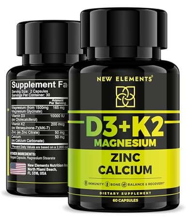 Vitamin D3 K2 with Magnesium Glycinate + Zinc & Calcium | Magnesium 1500mg | D3 10,000 IU | K2 (MK7) 200mcg | Zinc 50mg | Calcium 50mg | Immunity, Bone & Recovery Support – Vegan, Non-GMO