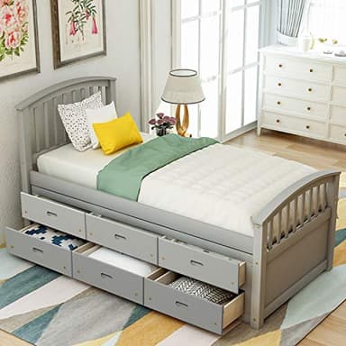 Twin Size Captain Storage Bed with 6 Drawers,Solid Wood Platform Bed Frame with Curved Headboard & Footboard,Floor Captain Platform Beds with Wood Slat for Kids Teens Boys Girls,Space Saving,Gray