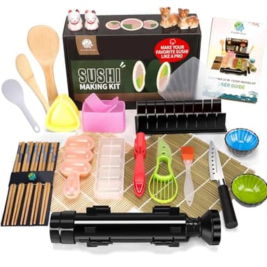 FUNGYAND Sushi Making Kit, 27-in-1 Professional Maker Set with Bazooka Roller, Nigiri & Musubi Presses, Bamboo Mats, Knife, Chopsticks, Ceramic Dishes - Ideal for Beginners
