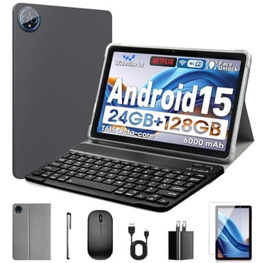 Aobante 10 Inch Tablet, Android 15 with 24GB RAM + 128GB ROM (1TB Expandable), Octa-Core, 1280x800 IPS HD Touchscreen, 5MP+8MP Dual Camera, 6000mAh, Tablet with Keyboard, Mouse, Widevine L1(Gray)