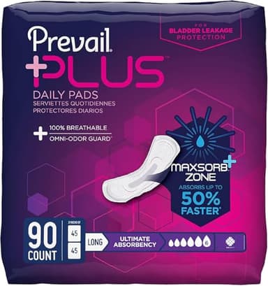 Prevail Plus | Long Length Incontinence Bladder Control Pads | Ultimate Absorbency | 90 Count (2 packs or 45)