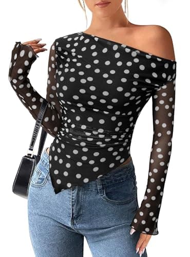 PRETTYGARDEN Womens Fall Trendy Off Shoulder Y2k Tops 2026 Tie Dye Mesh Long Sleeve Shirts Asymmetrical Ruched Floral Blouse (Small Dot Black,X-Large)