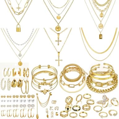 CONGYING 65 Pcs Gold Jewelry Set with 6Pcs Layered Necklace, 11 Pcs anklet and 7Pcs Earring Ear Cuff,11Hoop Earrings,15pcs Rings,15pcs stud earrings Jewerly set for Women Gift