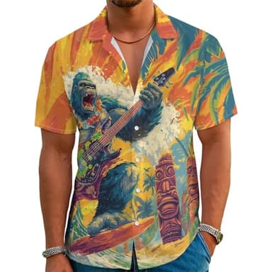 Evipop Tropical Tiki Palm Surfing Guitar Hawaiian Shirt for Men Beach Vacation Casual Short Sleeve Button Down Creative Aloha Shirt