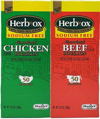 Herb-Ox Sodium Free Bouillon Bundle,`Beef and Chicken, 100 Total Packets