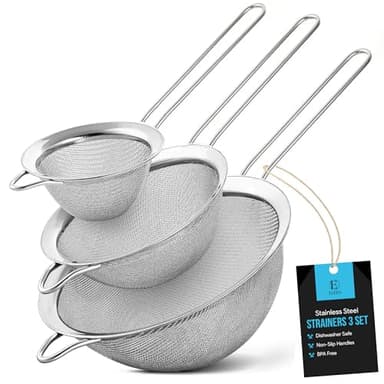 ELEEN Premium Stainless Steel Fine Mesh Strainers for Kitchen 3-Piece Set with Non-Slip Handle, Small, Medium & Large Sieves, Colanders and Sifter for Sifting, Straining, Pastas Tea, Rice Vegetables