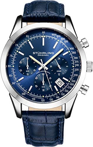 Stuhrling Original Rialto Men’s Chronograph Watch – Blue Dial, Tachymeter Bezel, Genuine Leather Strap, 100M Water Resistant