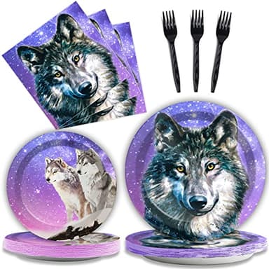 96 Pcs Wolf Party Plates Napkins Tableware Set Wolf Animal Birthday Supplies Disposable Dinnerware Wolves Decoration Favors for Boys Girls Birthday Baby Shower, 24 Guests