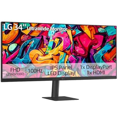 LG 34" UltraWide Monitor, IPS Display, FHD(2560 x 1080), 100Hz, 5ms, HDR 400, sRGB 99%, HDMI DisplayPort, VESA Mount, Tilt Stand, Built for Multitasking & Productivity