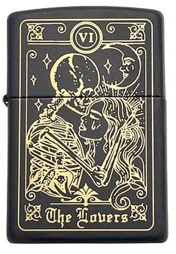 Custom Tarot Card Zippo Lighter – 23 Engraved Major Arcana Designs – Black Matte Windproof Refillable Lighter – Made in USA – Personalized Occult Gift for Tarot Readers, Witches & Collectors (Lover 2)