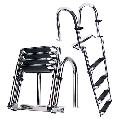 Heavy Duty Pontoon Boat Ladder, 316 Stainless Steel 4 Step Telescoping Folding Rear Entry Inboard Ladder All Welded Reinforce Dock Swim Deck Ladder with Wide Steps Strong Handrails