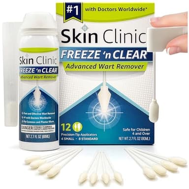 Skin Clinic Freeze 'n Clear Advanced Wart Remover - USA Made Cryo-Freeze Kit with 12 Precision-Tip Applicators - FDA-Cleared Freezing Wart Treatment Solution for Adults & Kids 4+