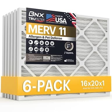 BNX TruFilter 16x20x1 Air Filter MERV 11 (6-Pack) - MADE IN USA - Allergen Defense Electrostatic Pleated Air Conditioner HVAC AC Furnace Filters for Allergies, Dust, Pet, Smoke, Allergy MPR 1200 FPR 7