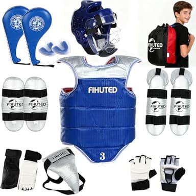 Taekwondo Sparring Gear Set with Helmet, Chest Guard, Arm & Shin Guards, Gloves & Foot Pads, Durable Lightweight Karate Protective Gear for Kids Youth Adults, Training Equipment with Carry Bag(1#)