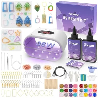 Akisey UV Resin Jewelry Making Kit, 200g Clear UV Resin Glue with Two-Sided Light & Molds, Starter Kit for Making Jewelry, Earring, Necklaces, Keychains