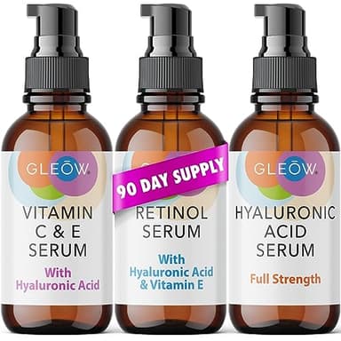 GLEOW Retinol Serum for Face, Vitamin C with Hyaluronic Acid Face Serum for Women and Men, Glow Total Package Skin Care Set, Targets Appearance of Uneven Skin Tone and Dryness 3x2 oz