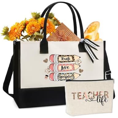VeloKomo Teacher Canvas Tote Bag - Appreciation Teacher's Day Thanks Gifts Leopard Pencil Pattern Tote Bag Canvas Bag with Zipper with Cosmetic Bag
