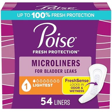 Poise Daily Microliners, Incontinence Panty Liners for Bladder Leaks, 1 Drop Lightest Absorbency, Regular, 54 Count of Pantiliners
