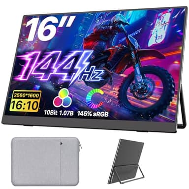 Upperizon Portable Monitor 16 inch 2K QHD 2560X1600 145% sRGB 144 Hz HDR HDMI USB-C Travel Monitor for Laptop MacBook PC Surface PS5 Xbox, External Display with Kickstand & Speakers, VESA Compatible
