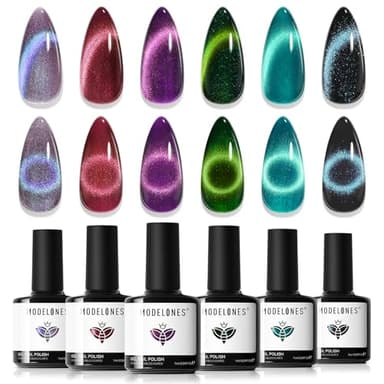 modelones Cat Eye Gel Nail Polish, 6 Colors Glitter Red Green Purple Blue Gel Polish Set with Magnet Sparkle Galaxy Series Nail Gel Polish Kit Soak Off Led Nail Art Manicure Salon DIY Gifts