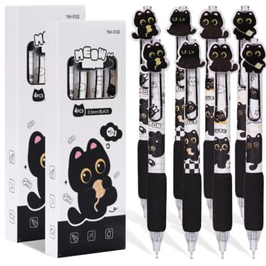 Mangpung 8 Pcs Black Cute Cat Pens,Cute Retractable Cat Gel Pens, Quick Drying Writing Pen Set for Women Men Holiday Office School Supplies