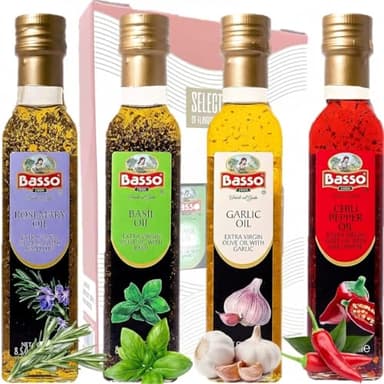 BASSO 1904 - Infused Extra Virgin Olive Oil Gift Box Set, First Cold Pressed, Variety Pack, 4 bottles x 8.5 fl.oz (250ml), Naturally Infused for Dipping & Tasting