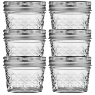 Ball Wide Mouth Quilted Crystal Jelly Jars with Lids and Bands, Used for Canning, Pickling, Juice, Jam, Jelly, Quarter Pint Size (4 Ounce (Pack of 6))
