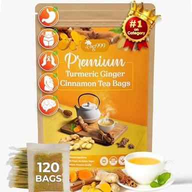 120 Bags Premium Turmeric Ginger Cinnamon Tea, Improve Digestion, Support Brain, Weight, Skin and Sleep, Eco-Conscious Tea Bags and Premium Natural Ingredients. Turmeric Ginger Herbal Tea. No Sugar, No Caffeine, No Gluten, Vegan.