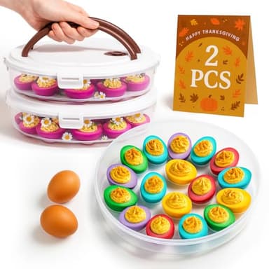 77L 2-Pack Deviled Egg Container with Lid – 34-Egg Platter with Handle, Stackable & Portable Carrier for Parties, Holidays, Camping, and Fridge Storage