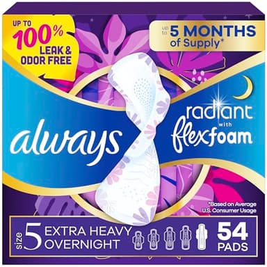 Always Radiant Feminine Pads for Women, Flexfoam Pads with Wings, Size 5, Extra Heavy Overnight Absorbency, Lightly Scented, 54 Count (3 Packs of 18)
