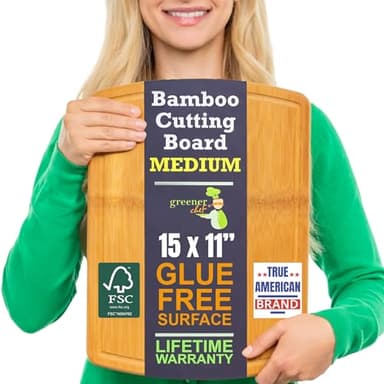 Bamboo Cutting Board – 15 Inch Wood Cutting Boards for Kitchen with Glue-Free Surface™ & Juice Groove – Non-Toxic, FSC-Certified, Durable Wooden Chopping Board