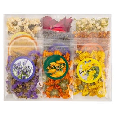 Natural Dried Flower and Fruit Kit for DIY Crafts - Includes White Chrysanthemum, Orange, Forget-Me-Not, Rose Petals, Lavender, Golden Chamomile, Jasmine, Osmanthus, and Yellow Chrysanthemum