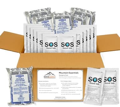 MOUNTAIN ESSENTIALS Emergency Food Rations Mainstay 2400 Calorie Food Bar 6 Pack & S.O.S. Emergency Water 4.22 Oz 24 Pack with 5 Year Shelf Life | Preparedness Kit for Outdoor Camping, Hiking