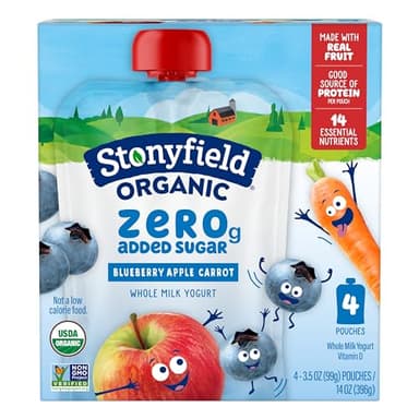 Stonyfield Organic Kids Zero Grams Added Sugar Blueberry Apple Carrot Whole Milk Yogurt, 3.5 oz Pouches, 4 ct Pack