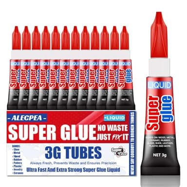 3 Gram (Pack of 12) Single Use Super Glue Liquid, Super Fast, Thin & Strong Adhesive Superglue, Cyanoacrylate Glue for Hard Plastics, DIY Craft, Ceramics, Leather, Metal Etc