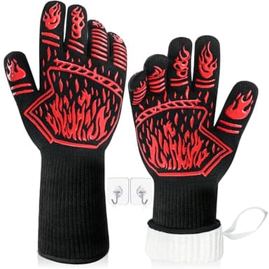 BBQ Gloves, 1472°F Heat-Resistant and Anti Slip Long Grilling Gloves, One Size Fits All, Gift Two Hooks, Excellent Hand and Wrist Protection in The Kitchen/Fireplace/Griddle/Smoker/Fire Pit