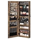 SONGMICS Jewelry Cabinet Armoire, Lockable Wall-Mounted Storage Organizer Unit with 2 Plastic Cosmetic Trays, Full-Length Frameless Mirror, Textured Brown UJJC001X01