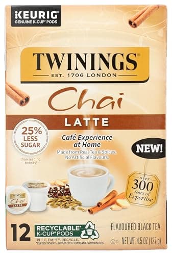 Twinings Chai Latte Tea K-Cup Pod for Keurig, Creamy, Slightly Sweet, Less Sugar, Caffeinated, 12 Count