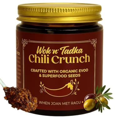 Wok n Tadka Garlic Chili Crunch Condiment 6oz, Crafted with Organic EVOO & Superfood Seeds, Healthy, No Added Sugar, No MSG, Gluten Free, Global Flavors, Woman-Owned, Spicy