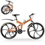 MarKnig 26 Inch Adult Folding Bikes/Mountain Bikes, 21 Speeds Mountain Bicycles with Full Suspension, Dual Disc Brake, High Carbon Steel Frame, Foldable Bike for Men/Women/Teen, HM-Orange