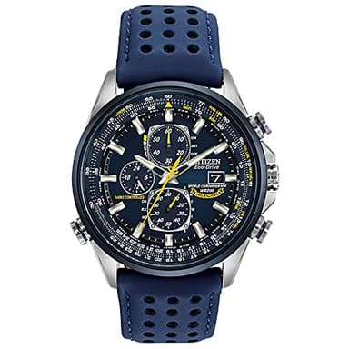 Citizen Men's Eco-Drive Sport Luxury World Chronograph Atomic Time Keeping Watch, Stainless Steel with Blue Leather Strap Coated in Polyurethane, Blue Dial (Model: AT8020-03L)