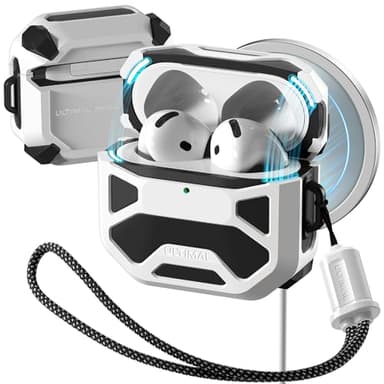 Compatible with AirPods 4 Case, Rugged TPU Double-Layer Cover, Powerful Shockproof Full Protection with Lanyard, Reinforced Magnetic Lid Lock for AirPods 4th Generation case(Black+White)