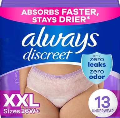 Always Discreet Adult Diapers for Women, Incontinence Underwear, Postpartum Essentials, Disposable Briefs, Max Absorbency, Bladder Leak Protection, 2XL / XXL, 13ct