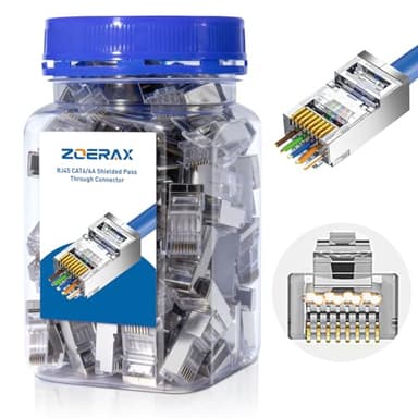 ZOERAX 100-Pack Cat 6A RJ45 Pass Through Connector, Cat 6 RJ45 Connector Wire OD 1.20mm Ethernet Ends/Shielded RJ45 Connector for Solid or Stranded FTP/STP Cable