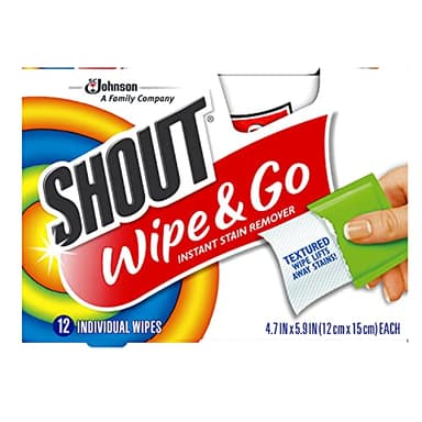 Shout Wipes Stain Remover for Clothes Laundry, Instant Stain Remover and Individually Wrapped, Travel Essentials, Works on Everyday Stains, 12 Wipes per Carton (6 Cartons)