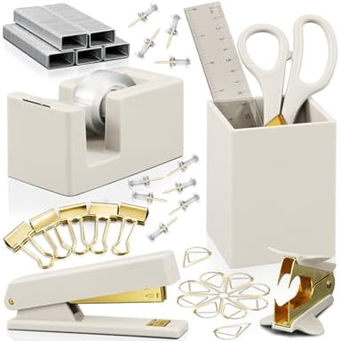 Aesthetic Desk Accessories Set - A Complete Desktop Organizer Set For Women Enhances Any Office Decor - An Office Supplies Kit w Gold Finish incl. Pen Holder, Scissors, Stapler, Tape Dispenser & More