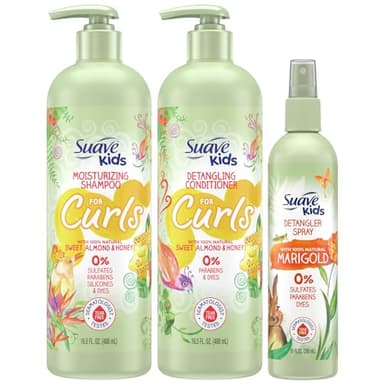Suave Kids Shampoo & Conditioner for Curls, Sweet Almond & Honey 2-Pack + Detangler Spray for Kids with 100% Natural Marigold, Dermatologist-Tested & Tear Free